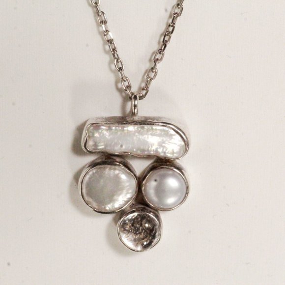 Sterling Silver Mother of Pearl Quartz Modern Necklace - Picture 5 of 10